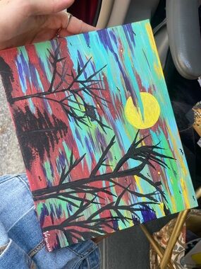 Hand-Painted Abstract Landscape Canvas Art - Turquoise, Red & Yellow